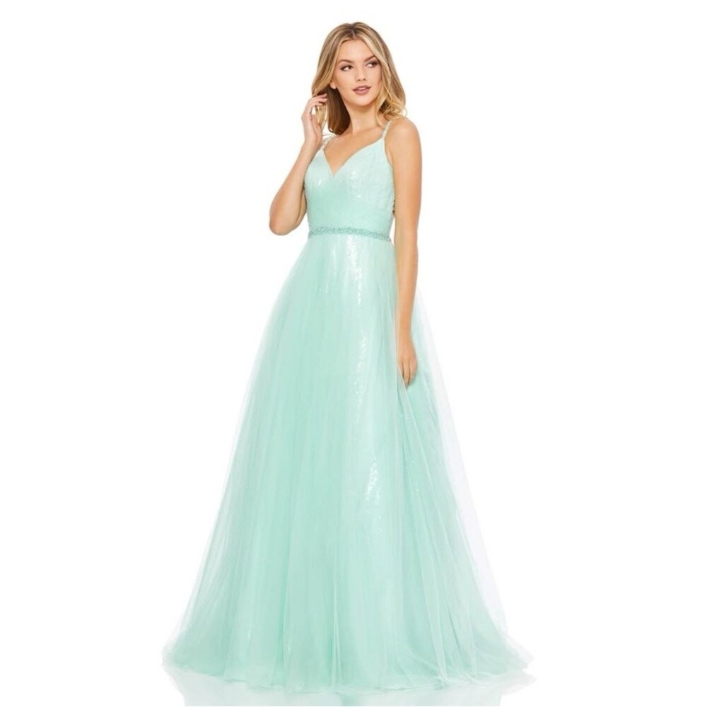 NEW Mac Duggal 67565 Mint Sequin Tulle V-Neck Evening Gown Dress Size 6 NWT